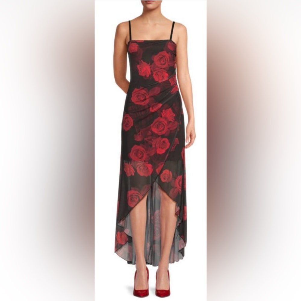 BEBE Black & Red Floral High Lo Midi Dress - Size Large